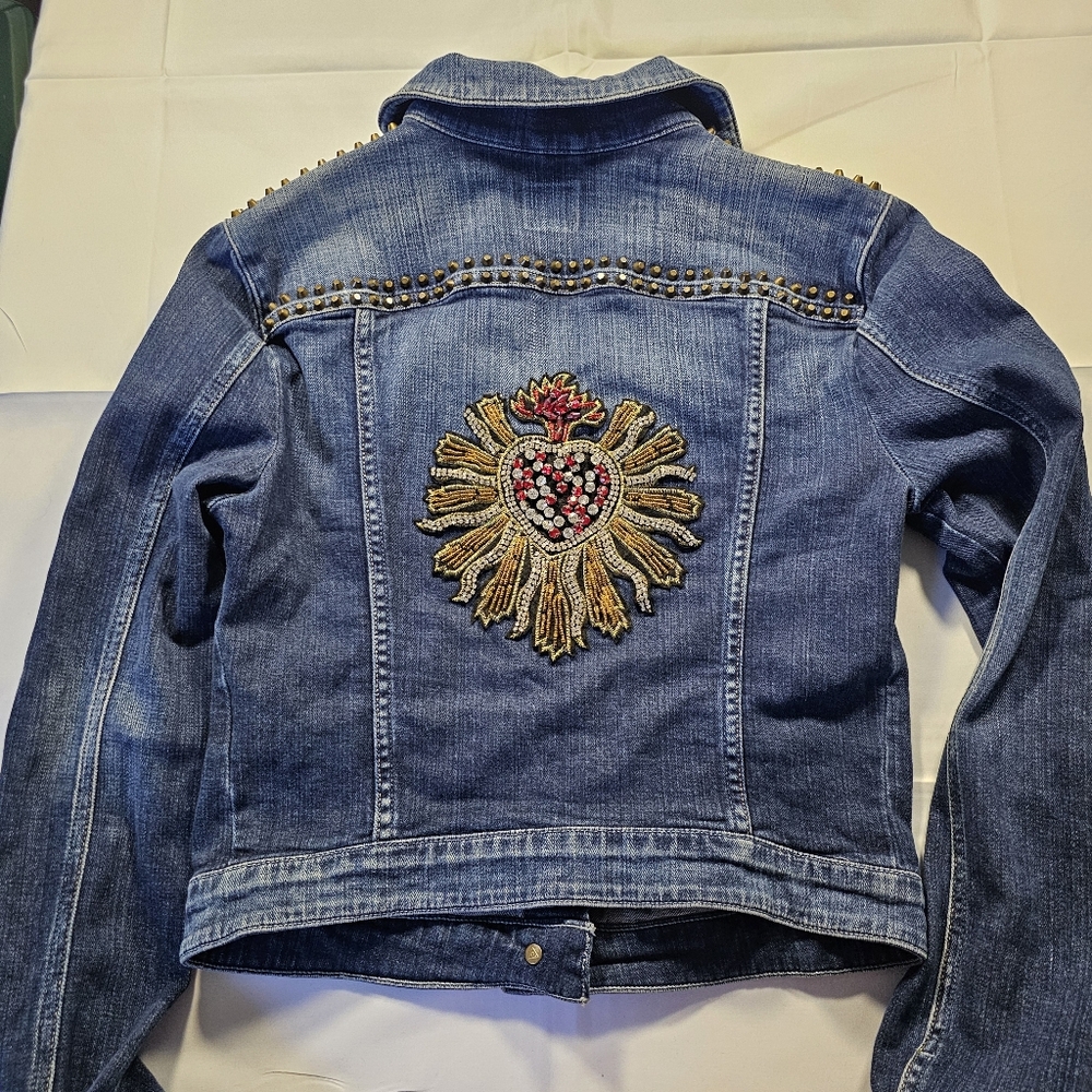 GUESS Women's Denim Jean Jacket Metal Studs Sacred Heart Rocker Boho Medium